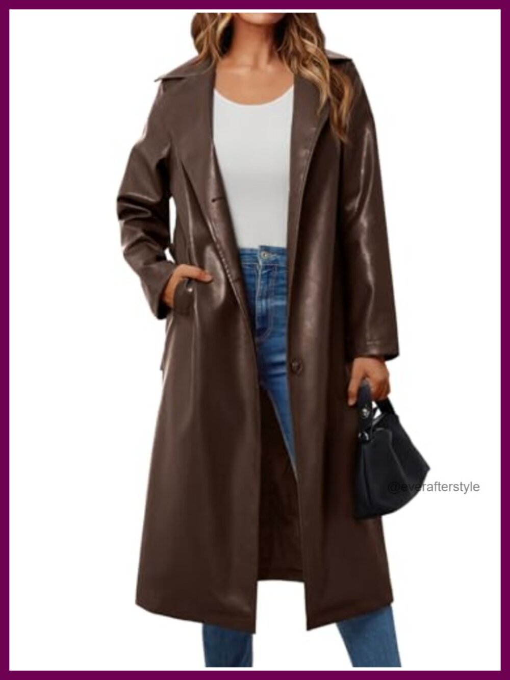 Faux Leather Trench Coat Belted Knee Length Long Sleeve Women's Jacket